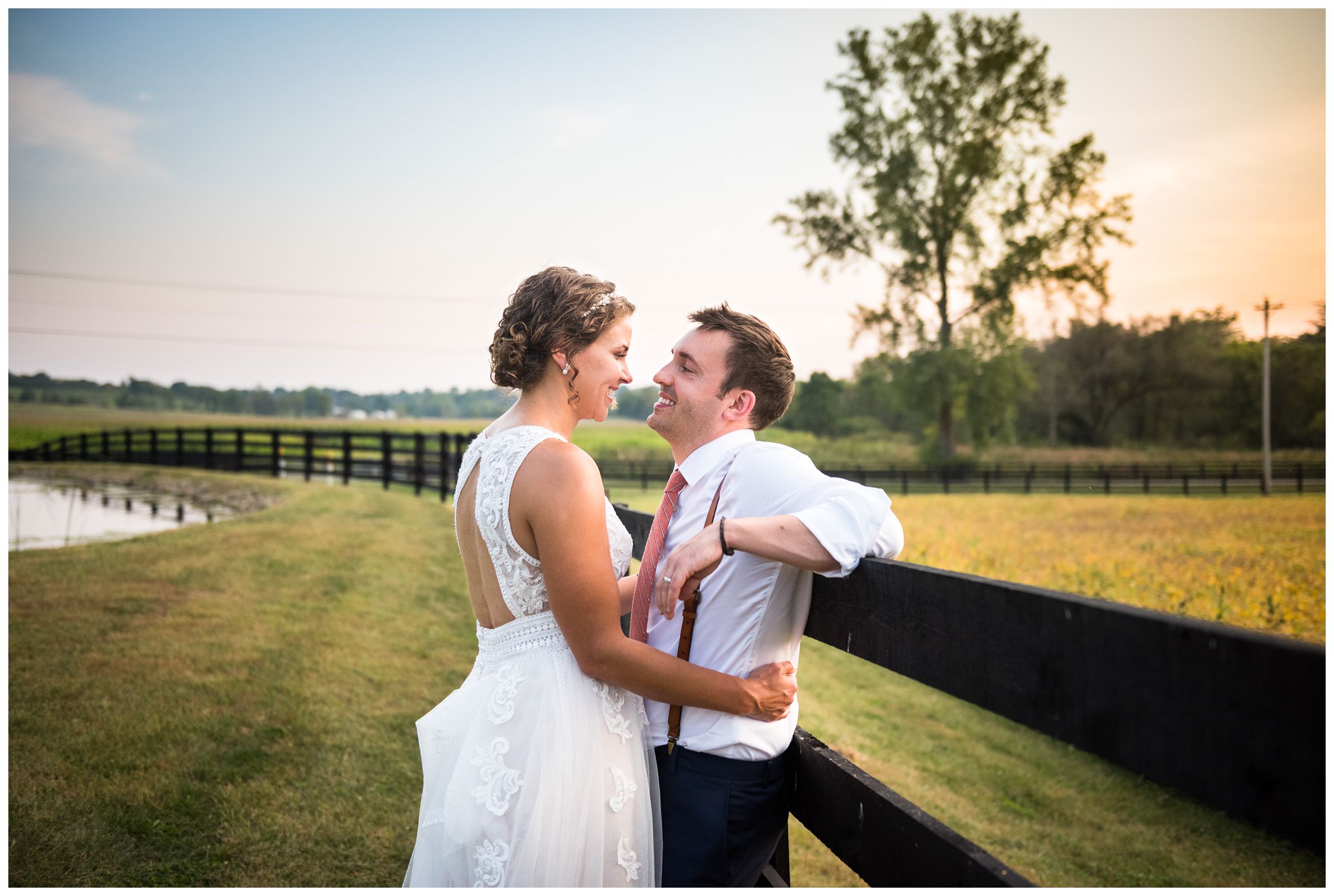 bride and groom portrait at sunset during rustic barn wedding captured by Lancaster Ohio wedding photographer