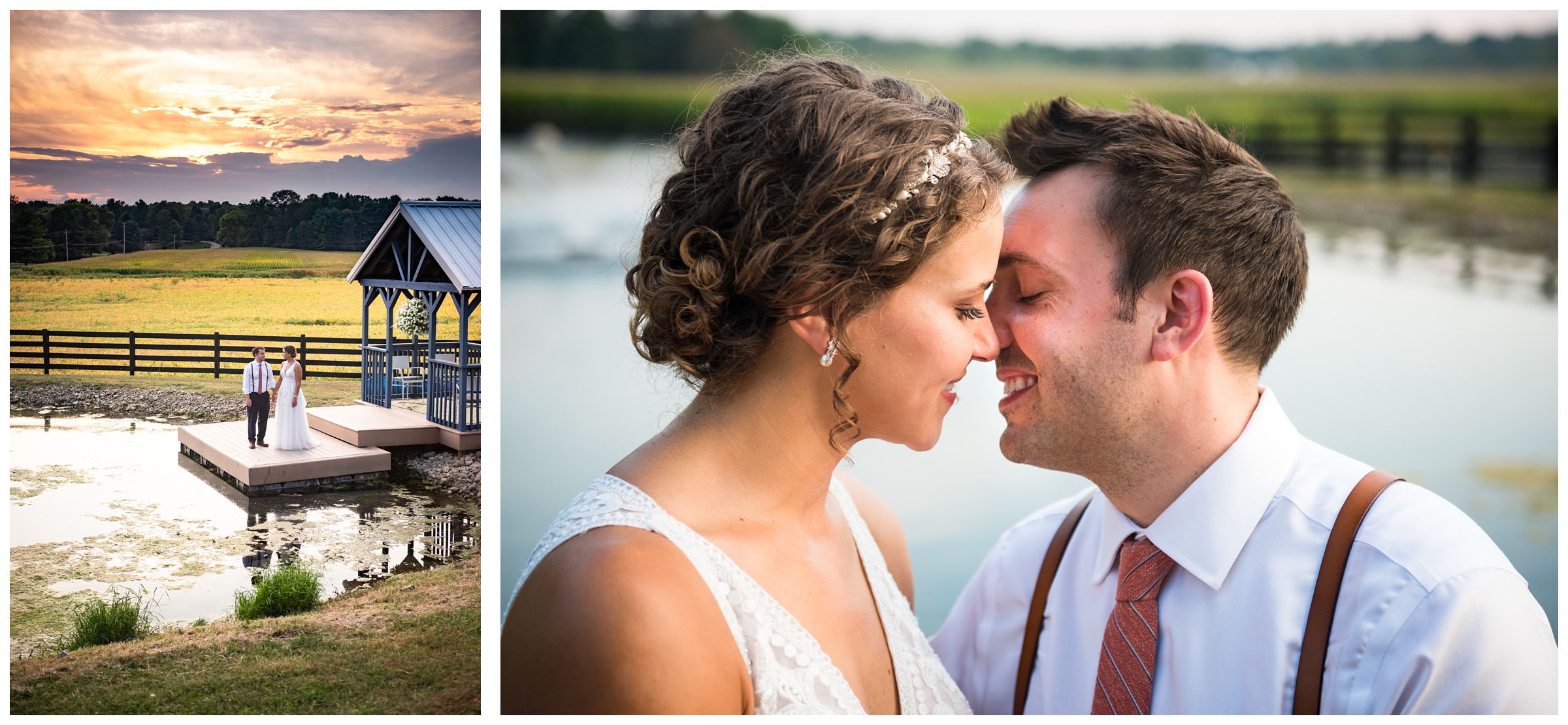 wedding portraits at sunset by pond during rustic barn wedding captured by Columbus Ohio wedding photographer