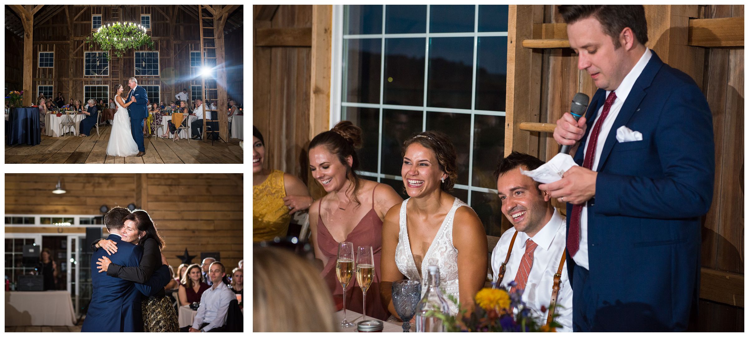 dancing and toasts during rustic Lancaster barn wedding at family farm in central Ohio