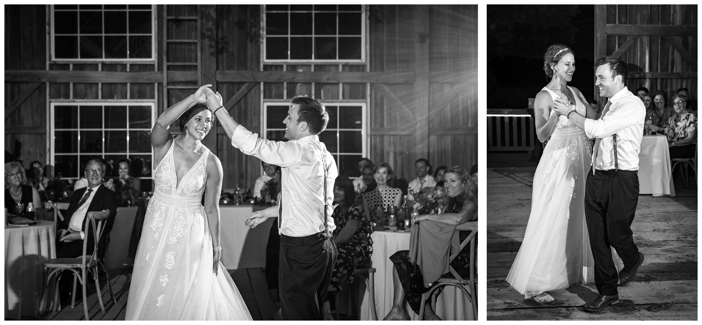 bride and groom sharing their first dance during rustic barn wedding at family farm in Lancaster Ohio