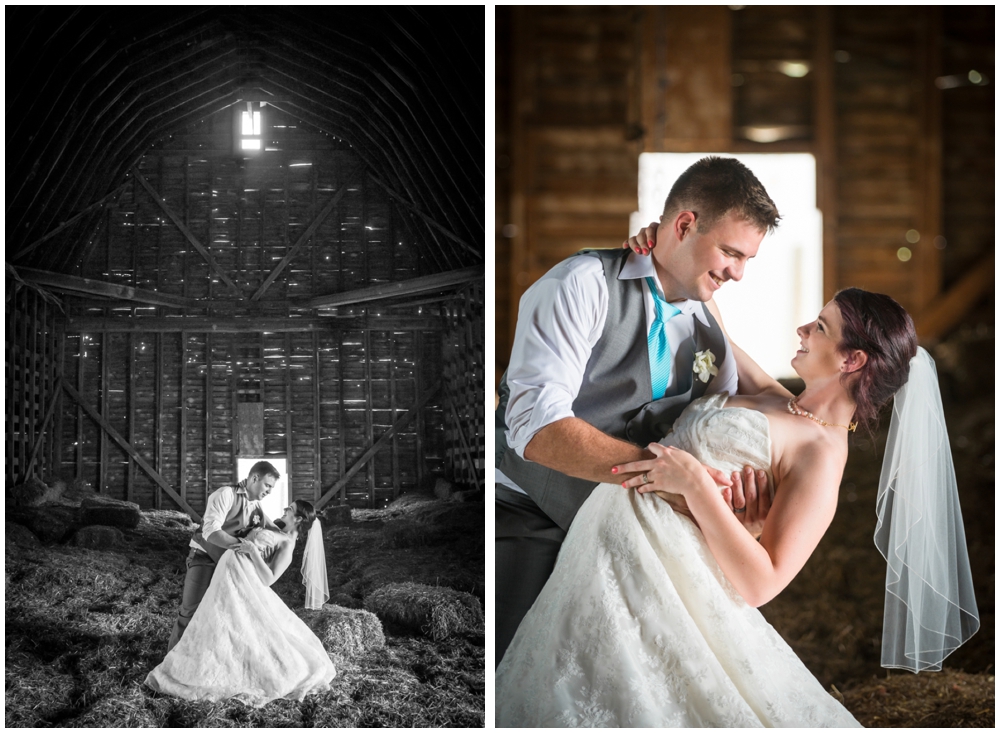 bride and groom portrait in barn