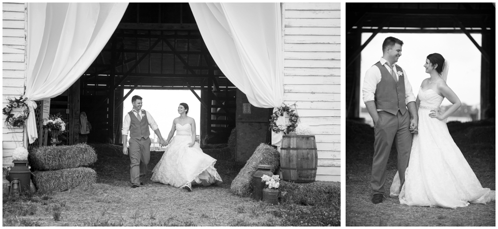 bride and groom portrait in rustic barn wedding