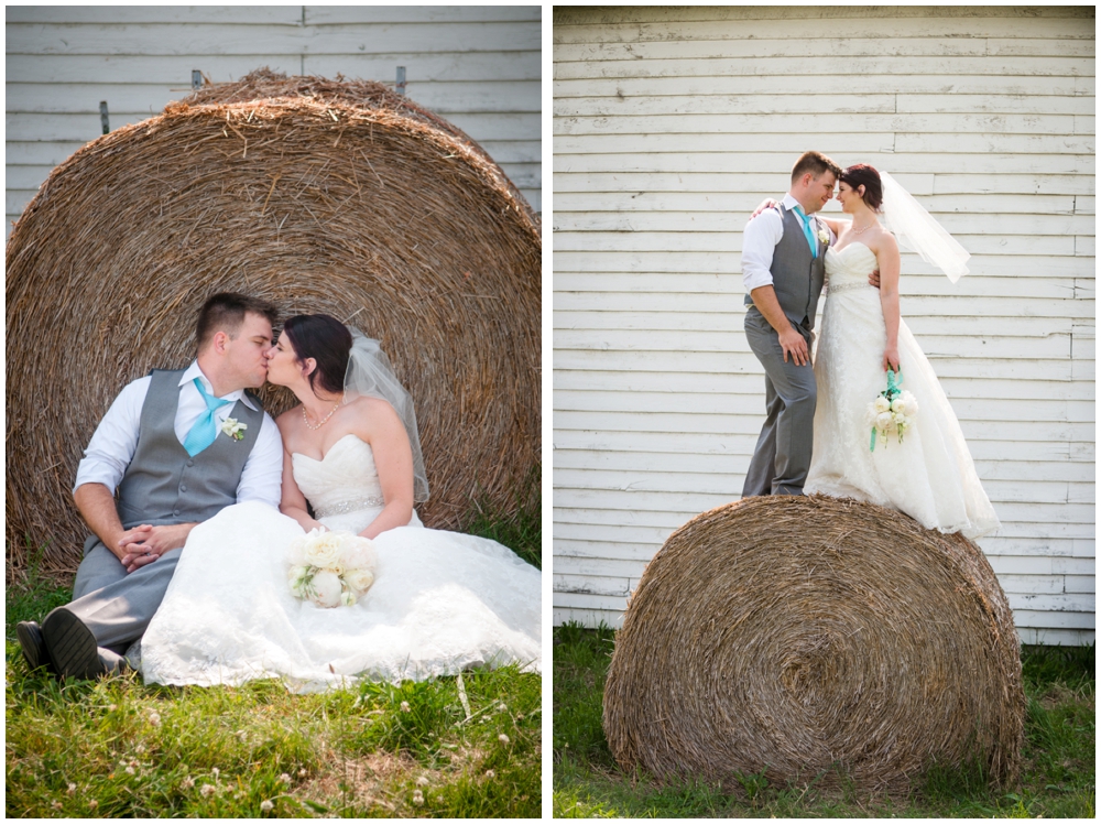 bride and groom portrait in rustic barn wedding