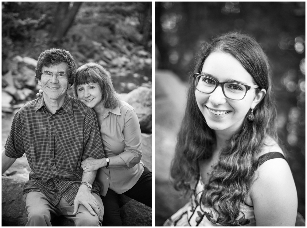 black and white mother, father and teenage daughter portraits near stream 