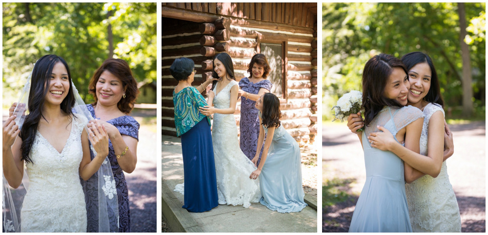 bride and family at rustic cabin westmoreland state park virgina wedding