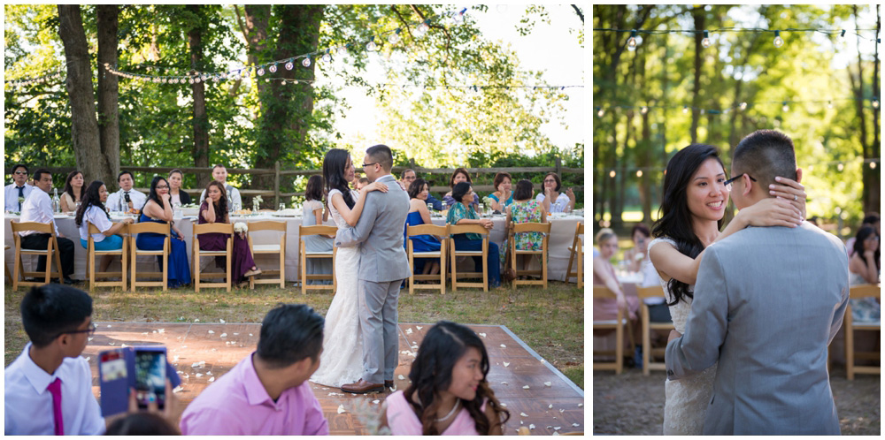 bride and groom first dance at rustic cabin westmoreland state park virgina wedding