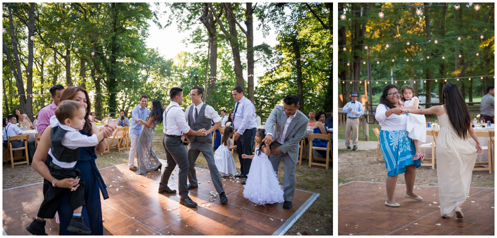 guests enjoying reception at rustic cabin westmoreland state park virgina wedding