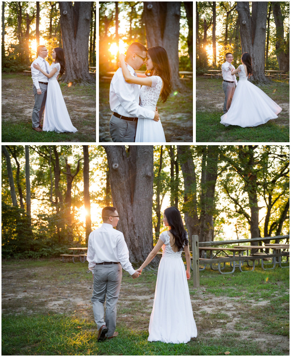 bride and groom sunset portraits at rustic cabin westmoreland state park virgina wedding