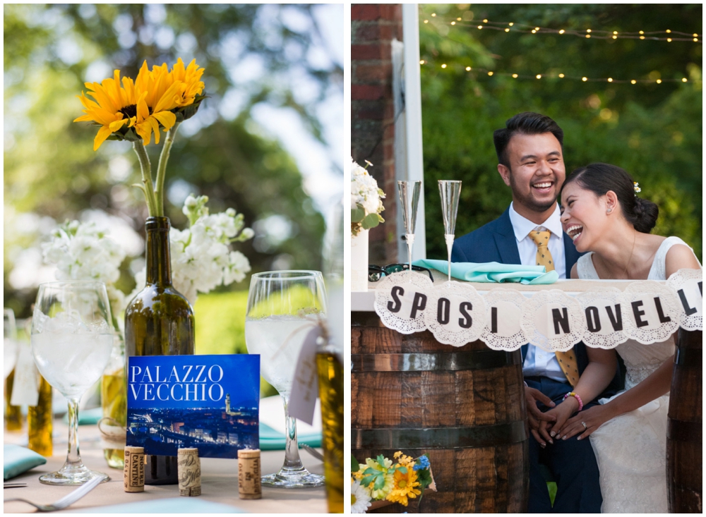 bride and groom laughing at wedding toast