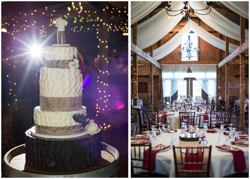 rustic wedding cake and winery reception decor