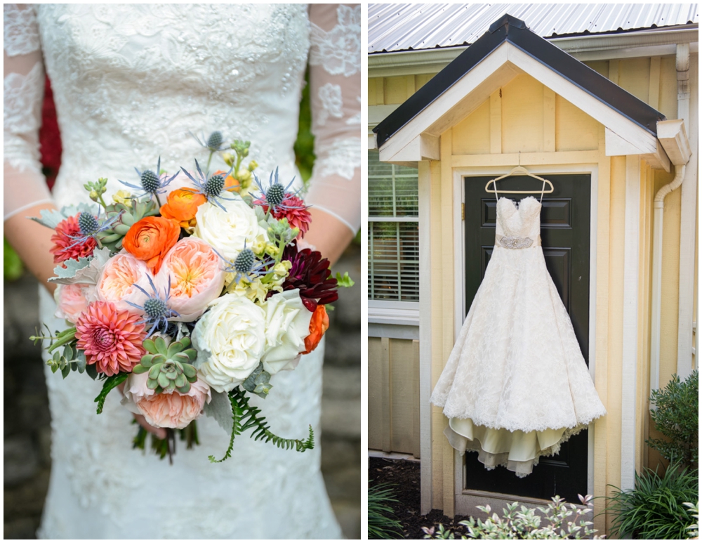 bride's bouquet and wedding dress