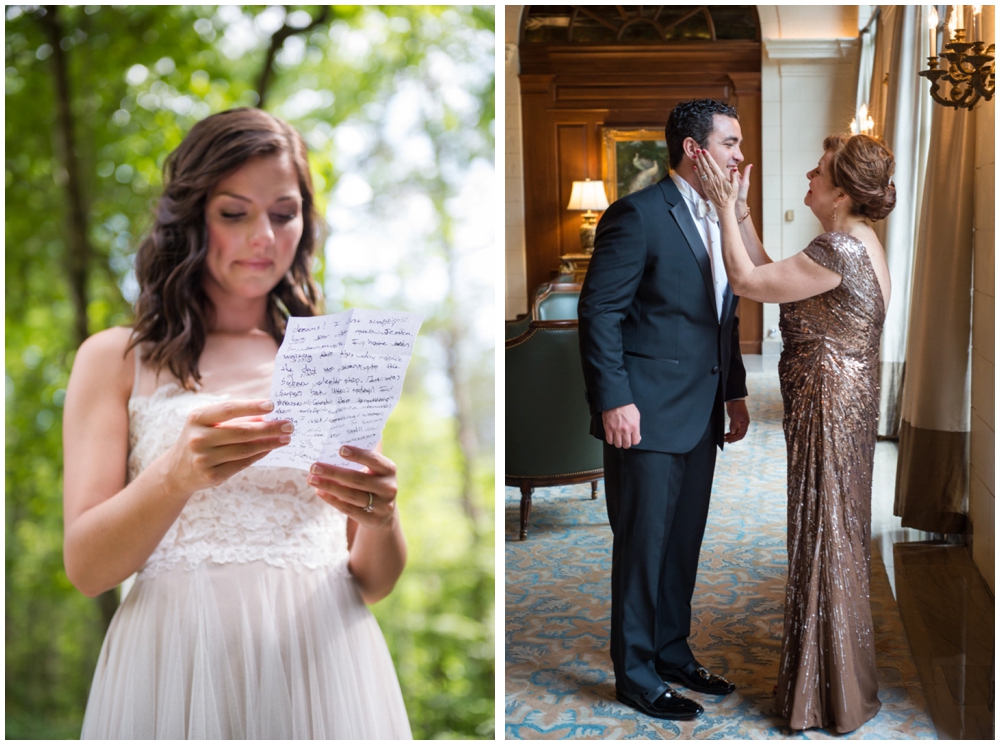 bride reading letter and groom with mom