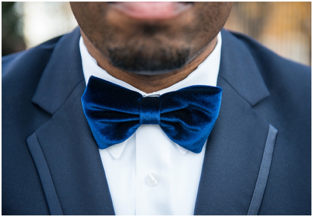 groom's blue velvet bow tie