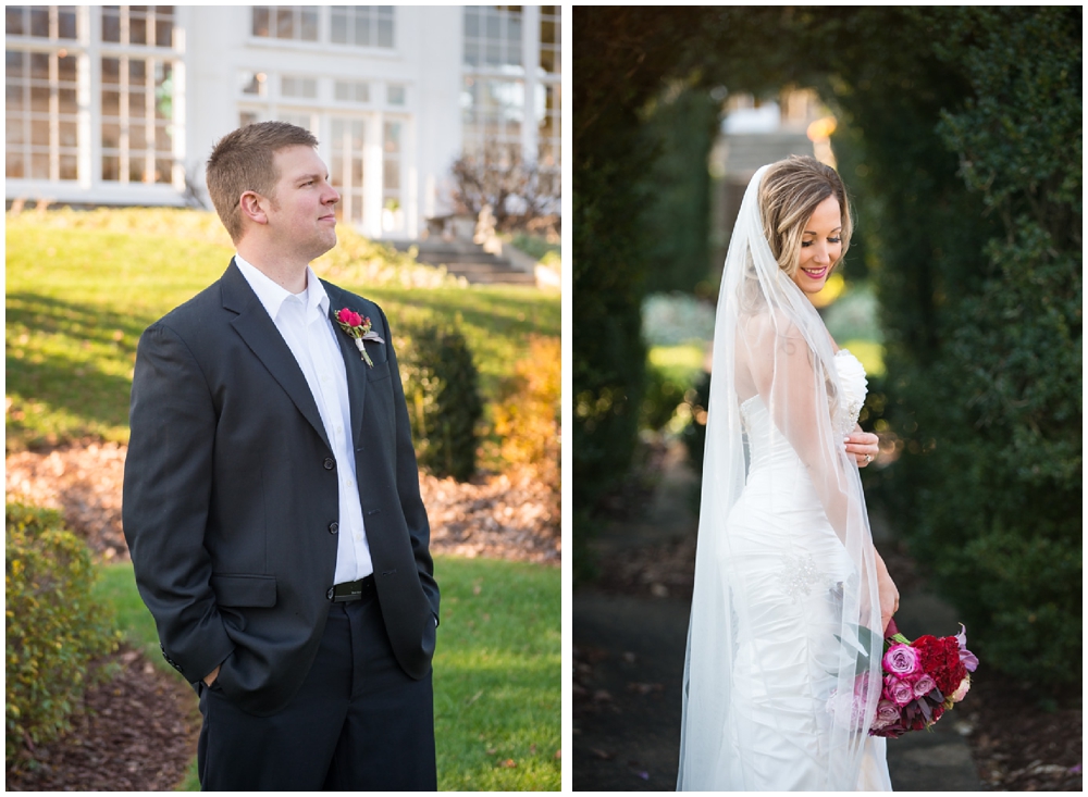 Wedding portraits of bride and groom at Raspberry Plain in Leesburg, Virginia.