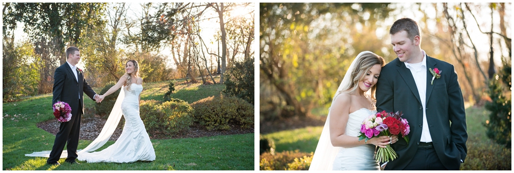 Wedding portraits of bride and groom at Raspberry Plain in Leesburg, Virginia.