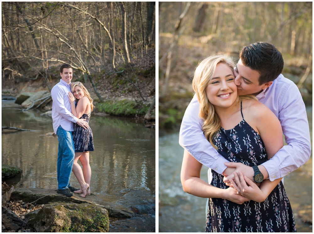 engaged couple at park near stream