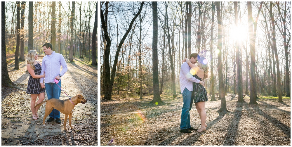 engaged couple with dog at park with trees