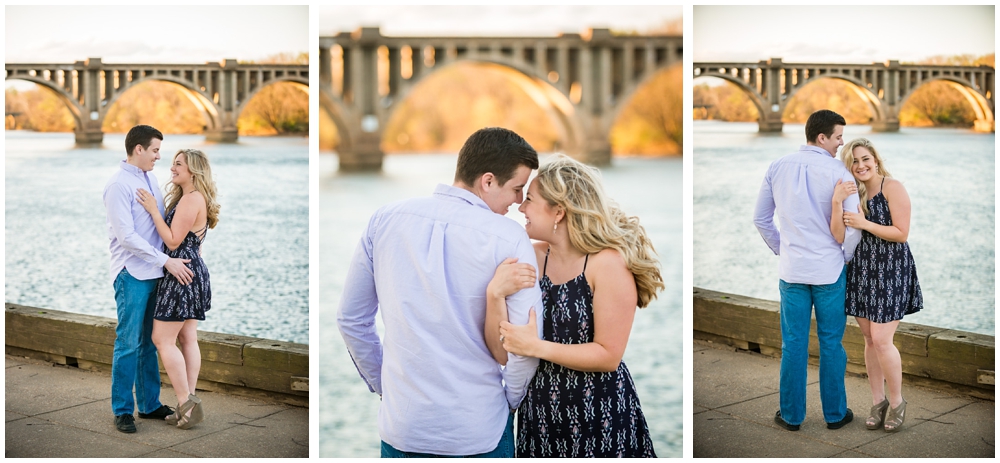 engaged couple near river and bridge