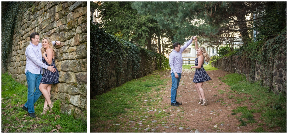 engaged couple in cobblestone alley