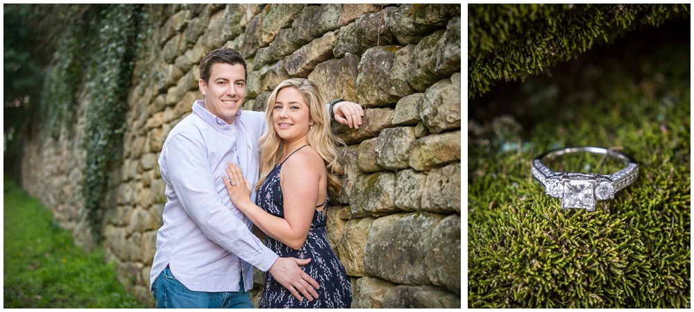 engaged couple in cobblestone alley and engagement ring