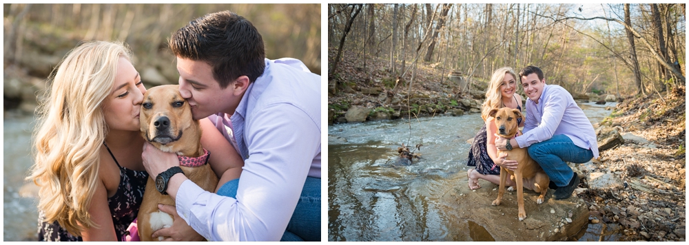 engaged couple with dog at park near stream