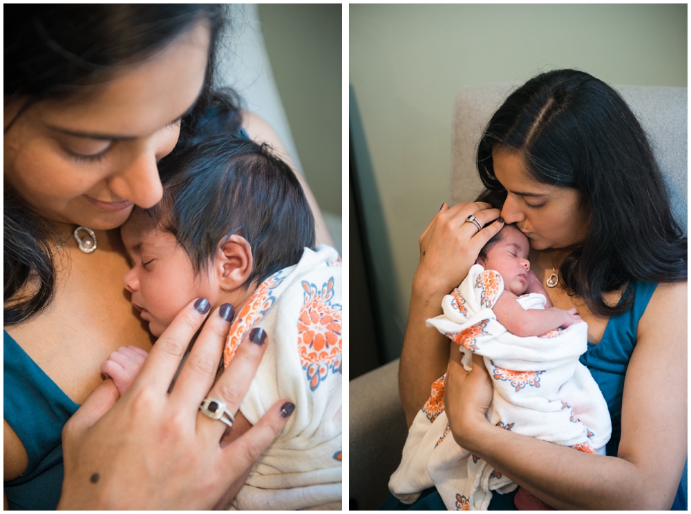 mom with newborn baby girl in home