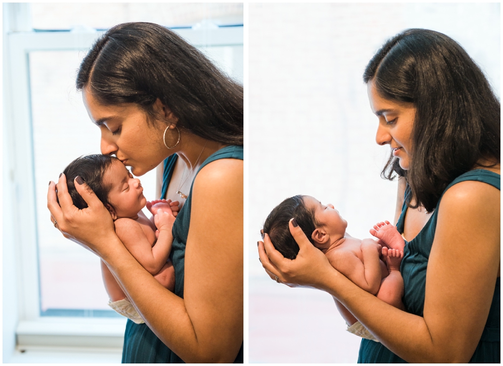 mom with newborn baby girl in home