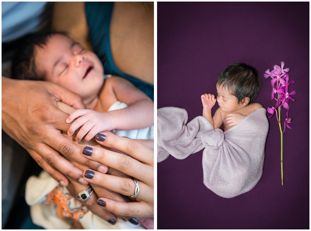 portrait of newborn baby girl with flowers and detail of hands