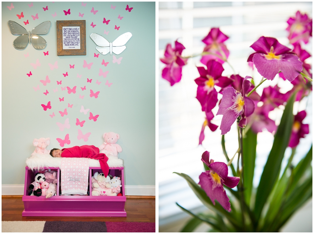 portrait of newborn baby girl with pink butterflies and flowers