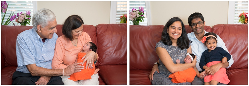 parents, grandparents and sister with newborn baby girl in home