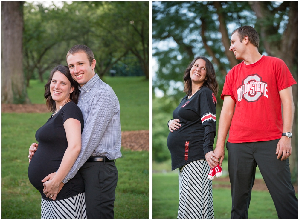 pregnant couple with Ohio State University baby shoes