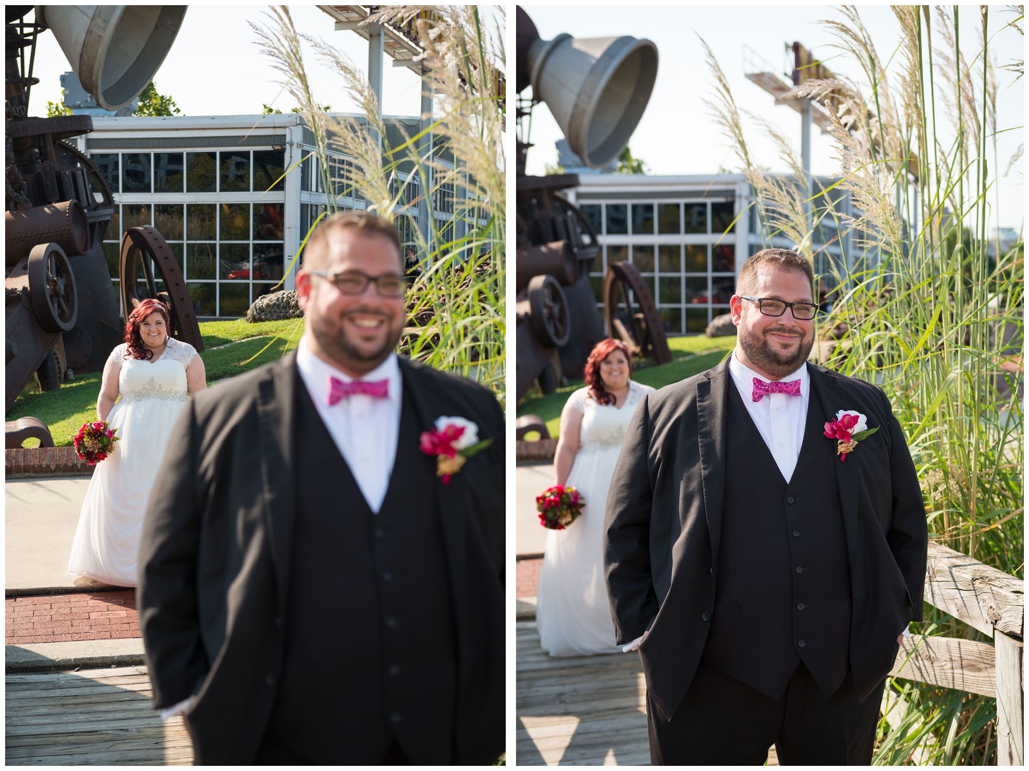 Bride approaching groom during first look at Baltimore Museum of Industry