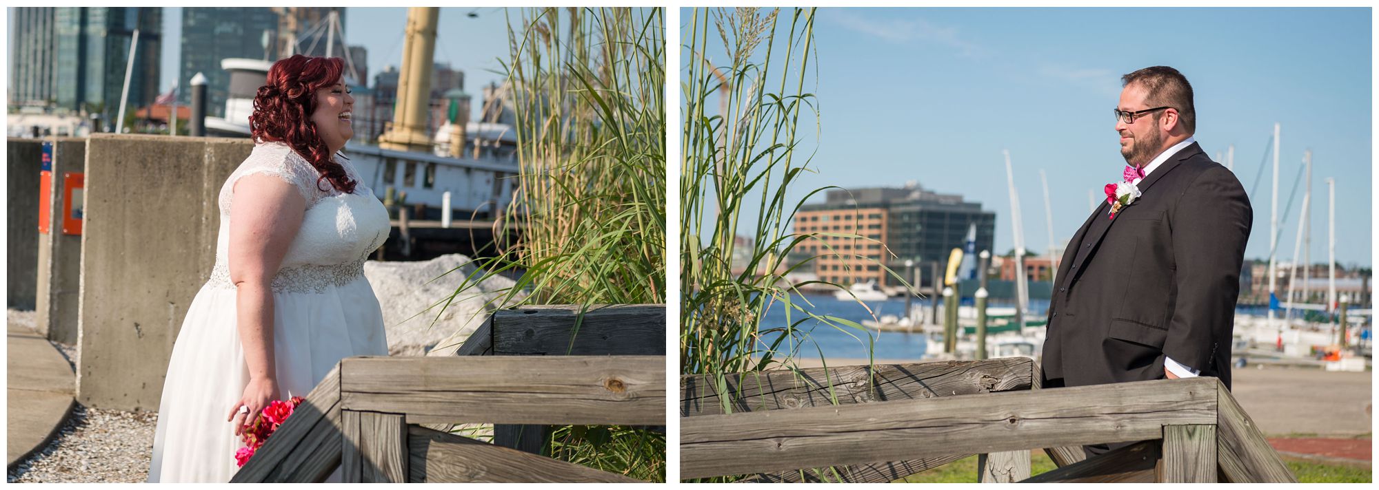 First look between bride and groom on Baltimore inner harbor