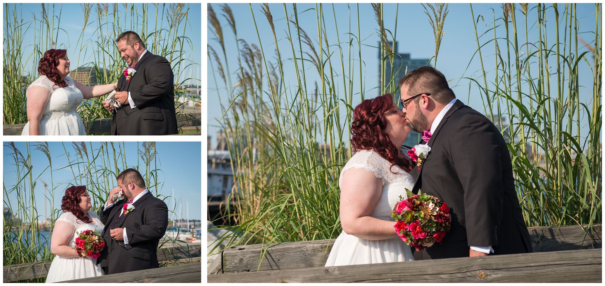 First look between bride and groom on Baltimore inner harbor