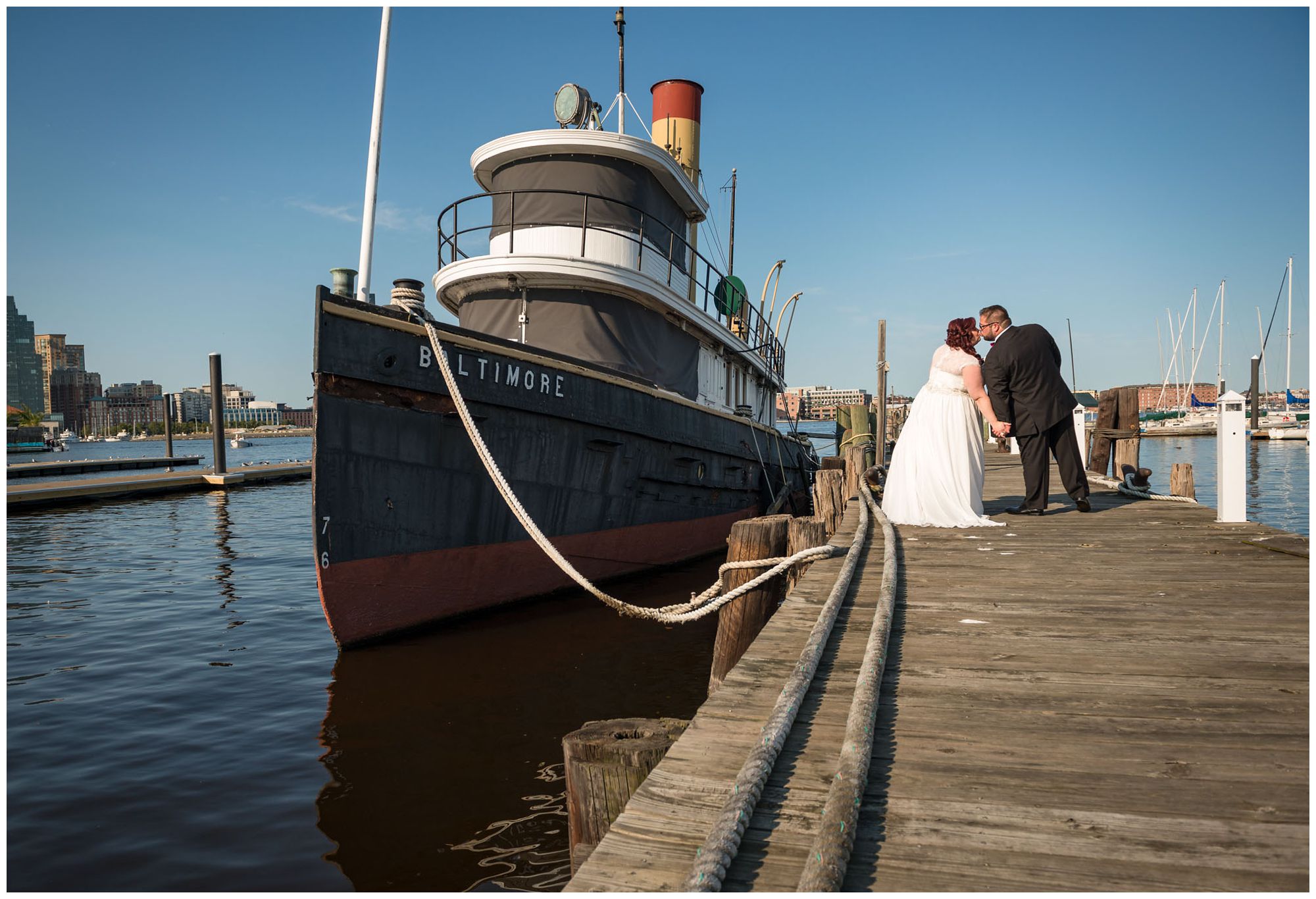 Bride and groom portraits at Baltimore Museum of Industry harbor wedding