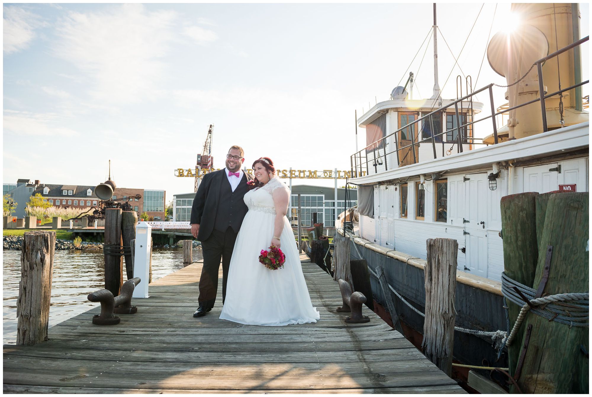 Bride and groom portraits at Baltimore Museum of Industry harbor wedding