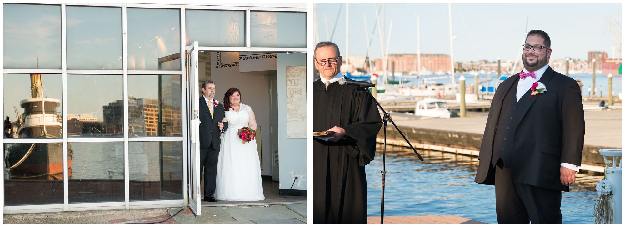 Bride and groom in harbor wedding at Baltimore Museum of Industry