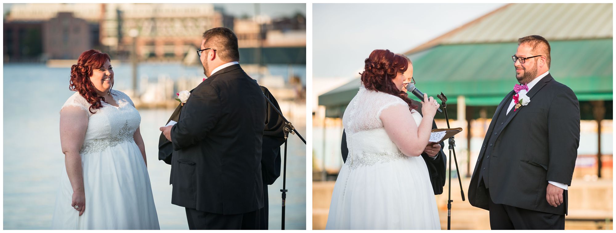 Bride and groom exchanging vows during harbor wedding at Baltimore Museum of Industry