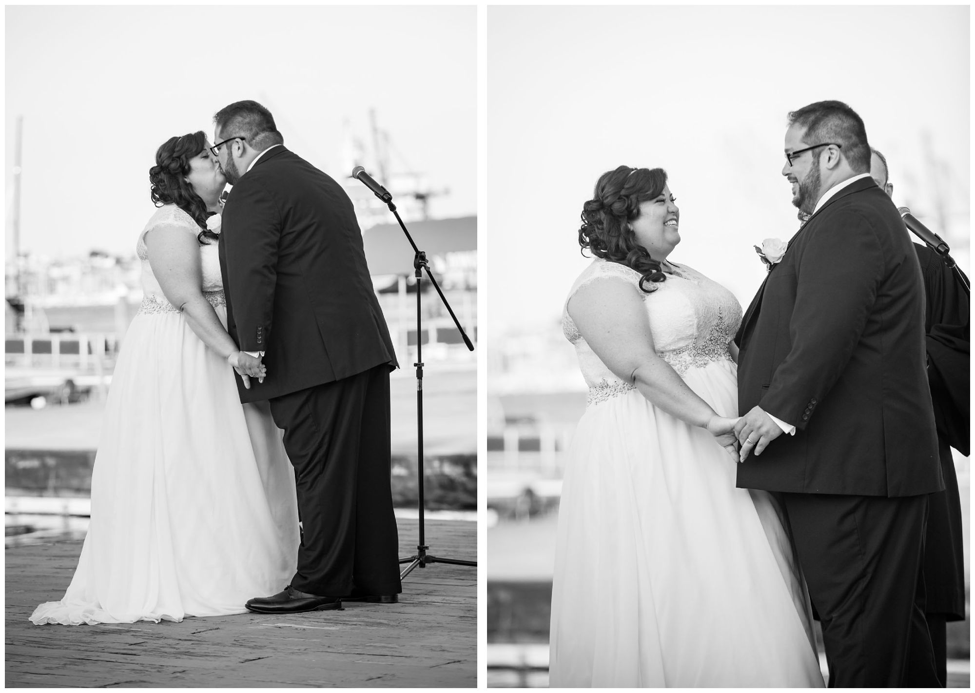 Bride and groom first kiss during harbor wedding at Baltimore Museum of Industry