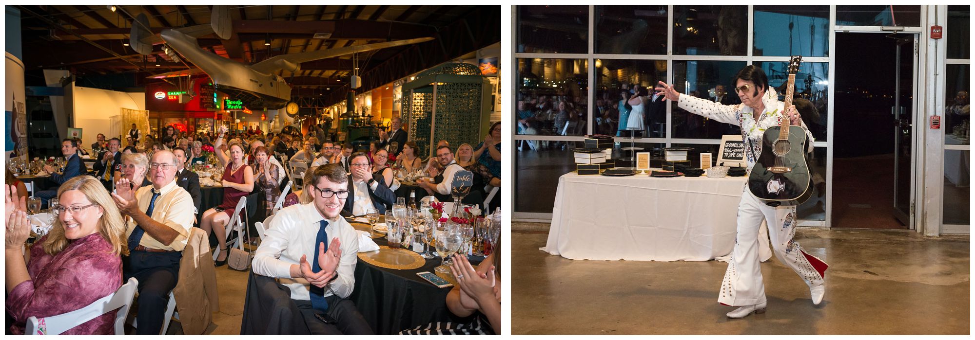 Elvis impersonator during wedding reception at Baltimore Museum of Industry