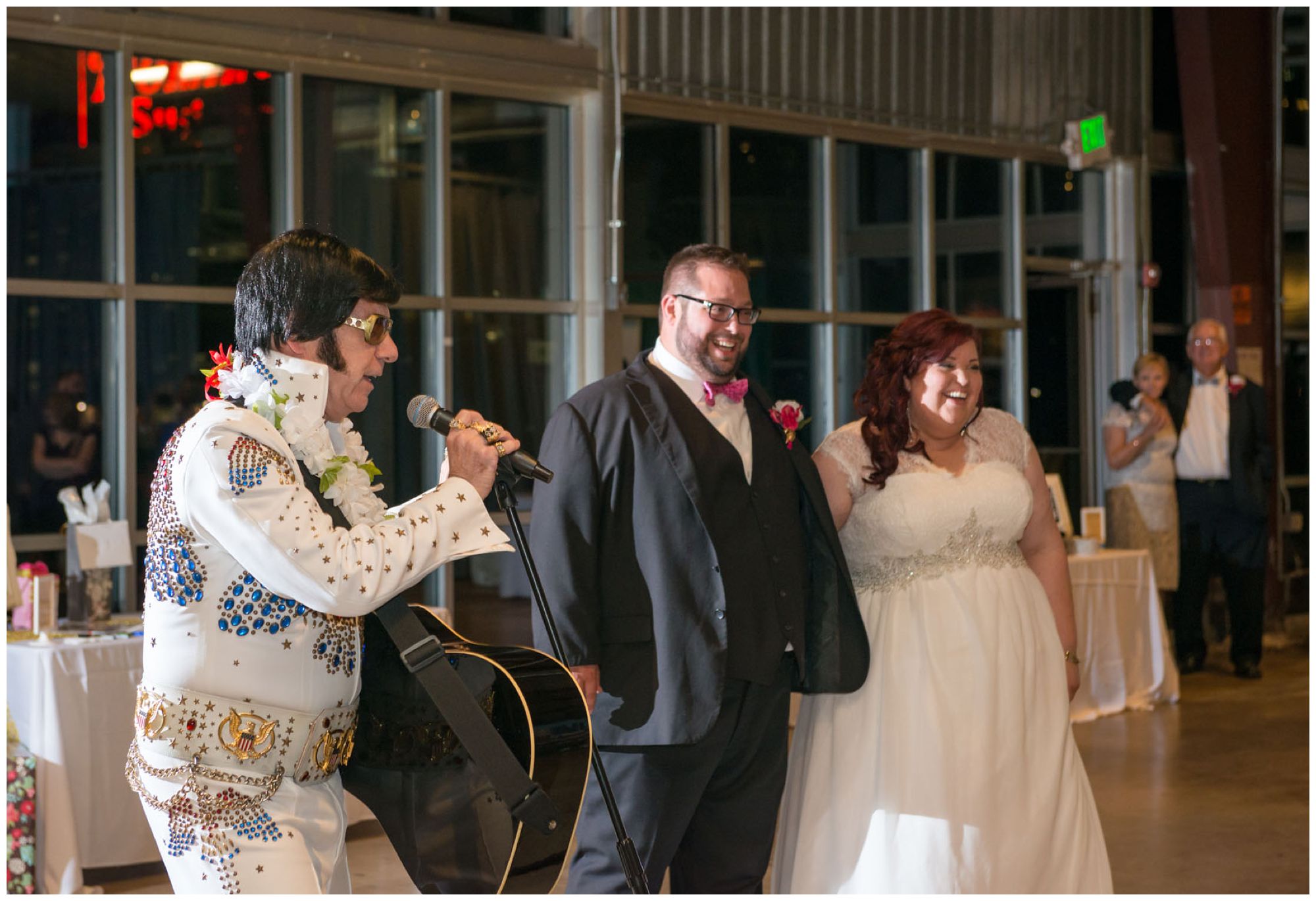 Elvis impersonator during wedding reception at Baltimore Museum of Industry