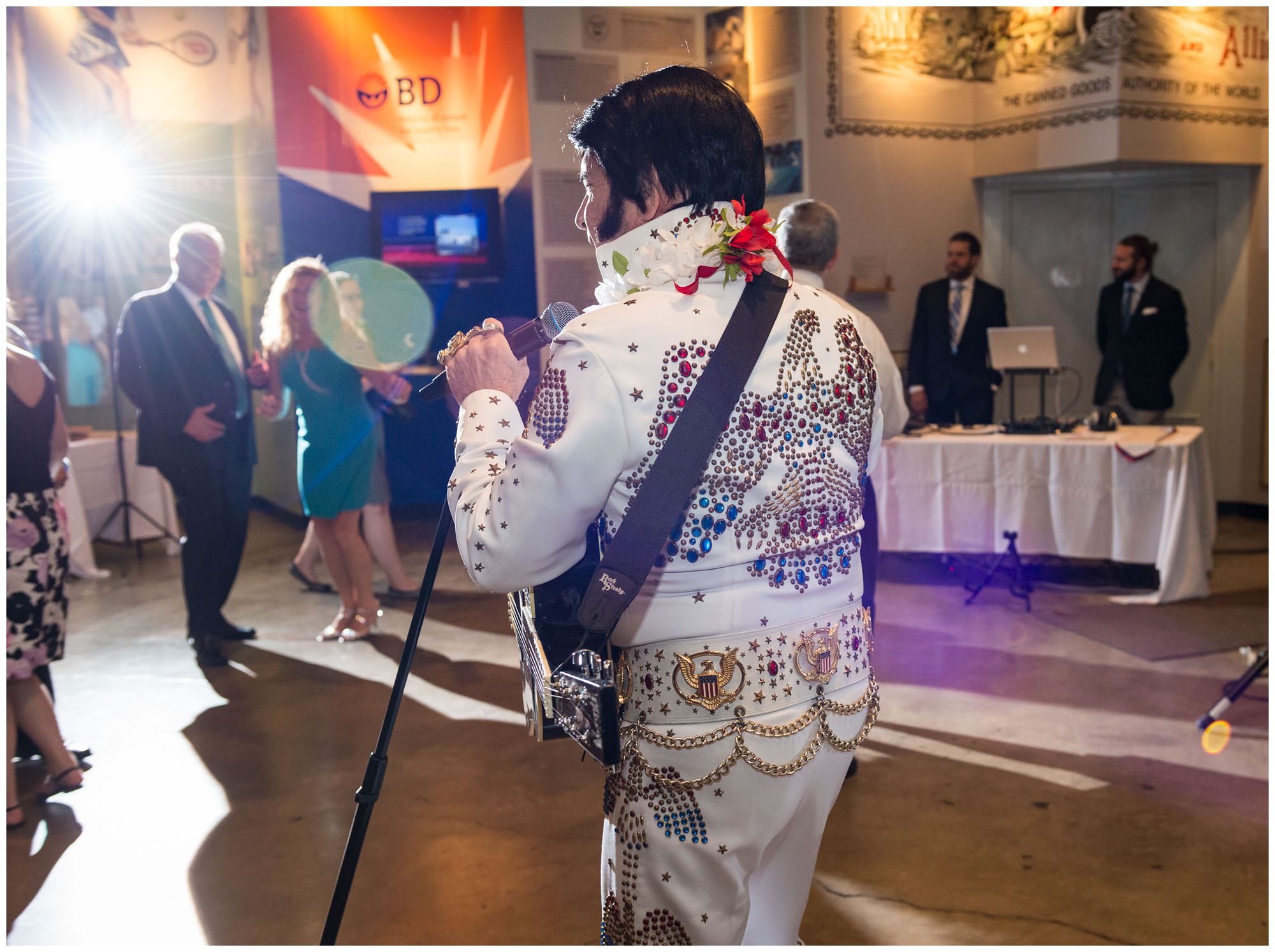 Elvis impersonator during wedding reception at Baltimore Museum of Industry