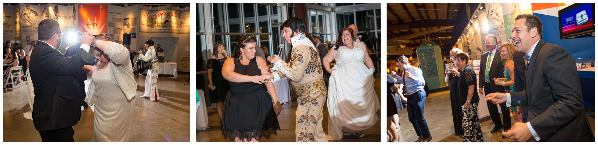 Elvis impersonator during wedding reception at Baltimore Museum of Industry