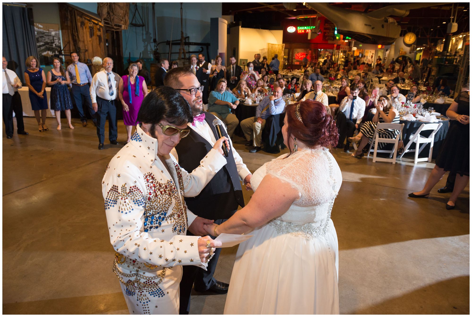 Elvis impersonator during wedding reception at Baltimore Museum of Industry