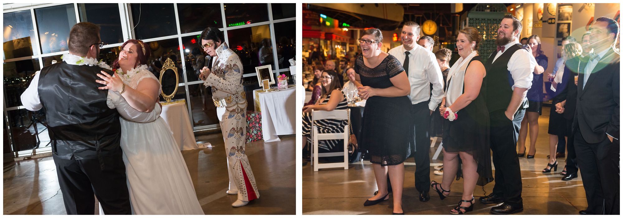 Elvis impersonator during wedding reception at Baltimore Museum of Industry