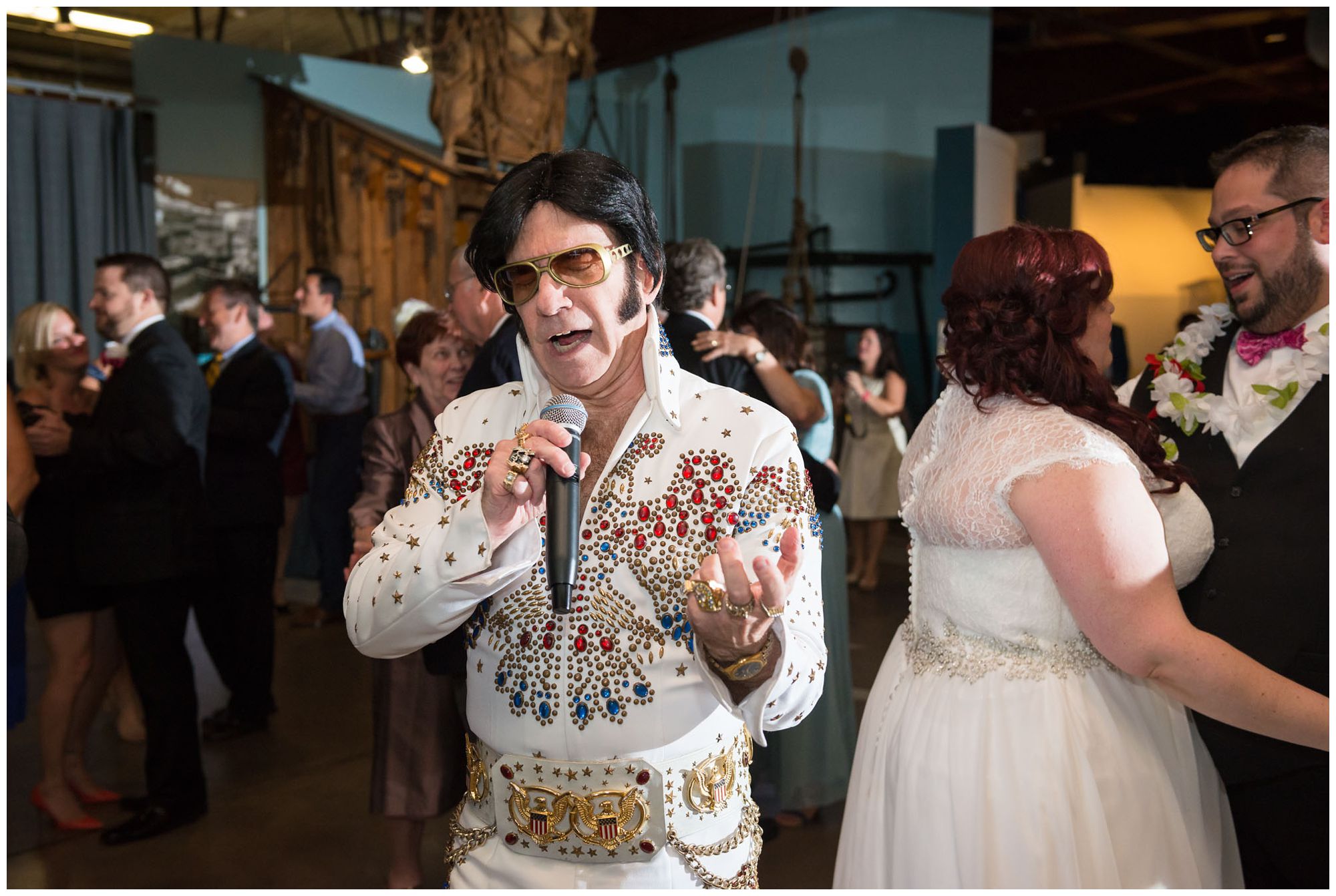 Elvis impersonator during wedding reception at Baltimore Museum of Industry