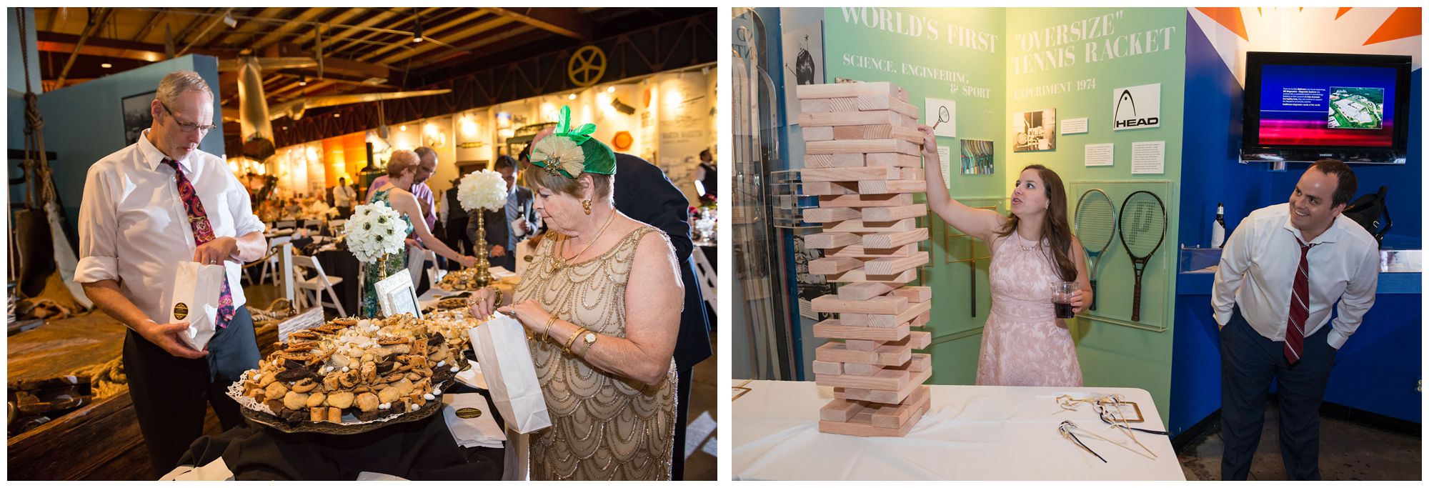 Italian cookie table and giant jenga during wedding reception at Baltimore Museum of Industry