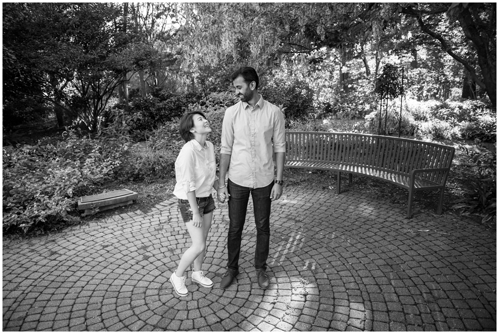 Engaged couple laughing at Green Spring Gardens in Alexandria, Virginia