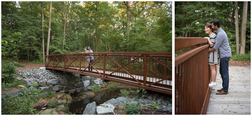 Engaged couple on bridge at Green Spring Gardens in Alexandria, Virginia