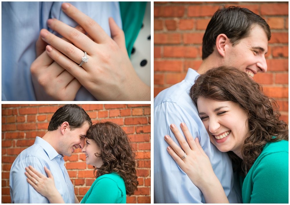 engagement ring engaged couple embracing with brick background